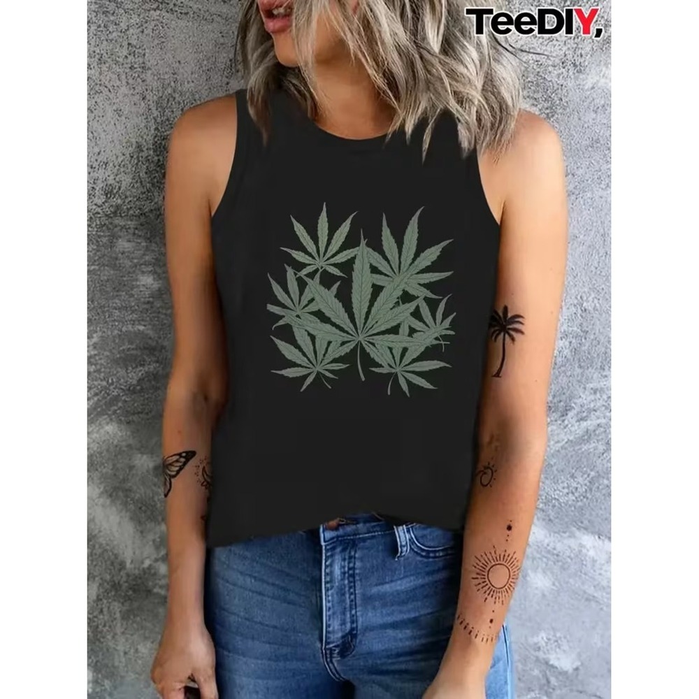 Womens Black Sleeveless Tank Top Marijuana Leaf Print Casual Size L - Picture 1 of 1